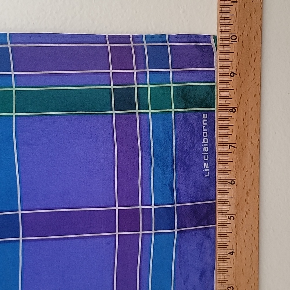 Liz Claiborne Silk Plaid Purple, Green, Blue Ablong Scarf 51" X 10" - Picture 6 of 6